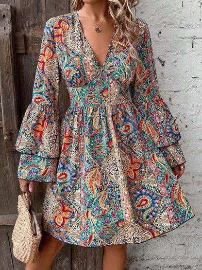 Paisley Print V-Neck Flounce Sleeve Dress