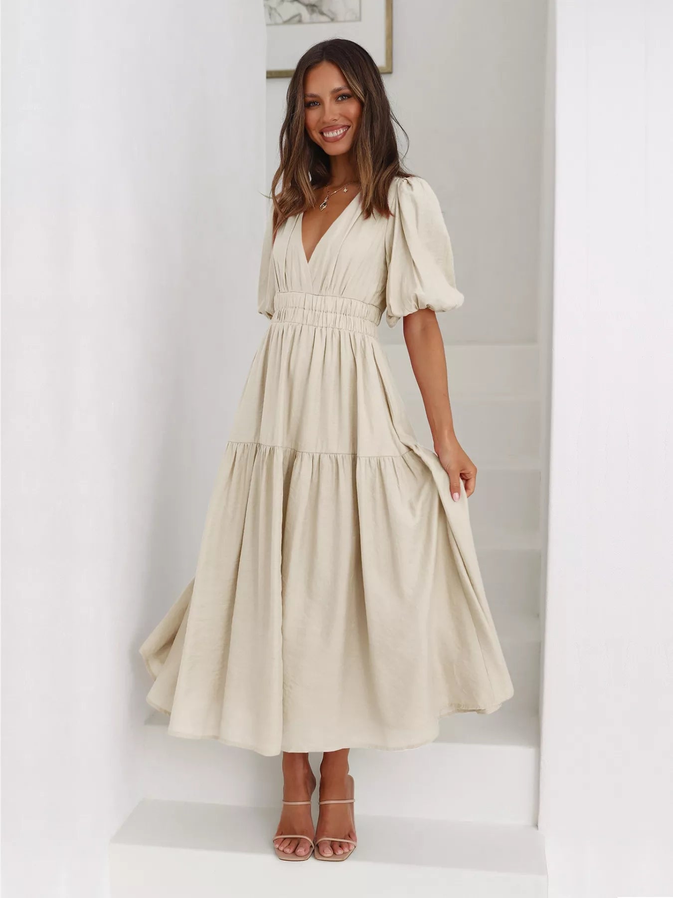 Tiered Puff Sleeve Midi Dress Beige