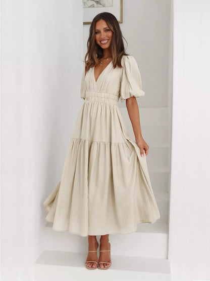 Tiered Puff Sleeve Midi Dress Beige
