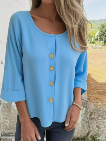 Full Size Button-Front 3/4 Sleeve Casual Blouse Plus Size Light Blue