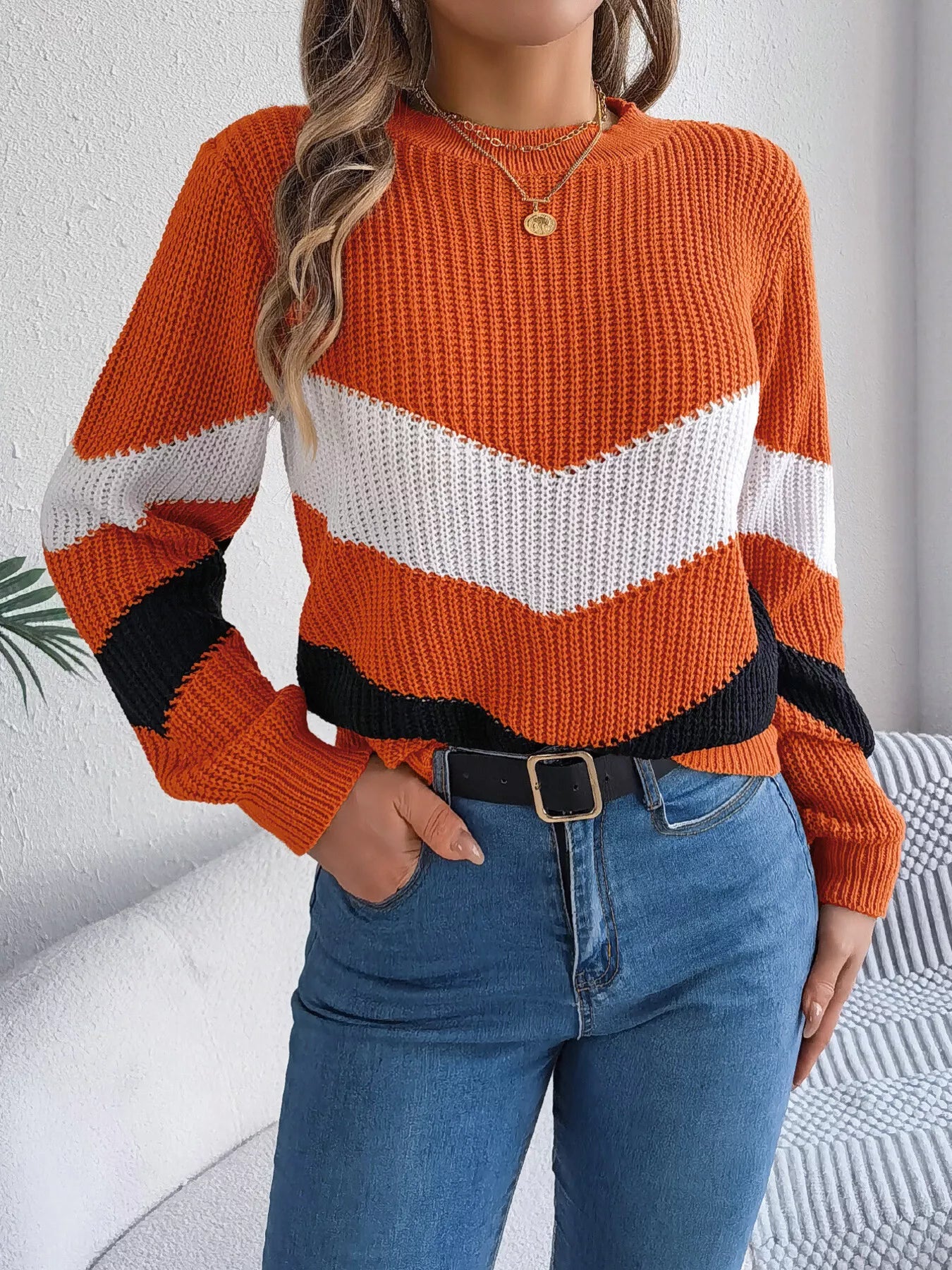 Chevron Stripe Color Block Round Neck Sweater