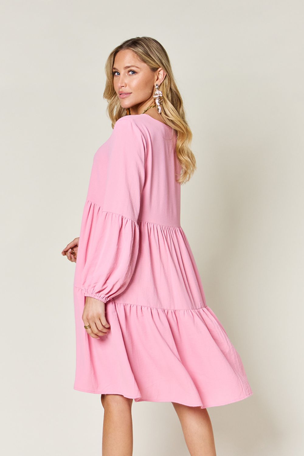 V-Neck Balloon Sleeve Tiered Boho Midi Dress