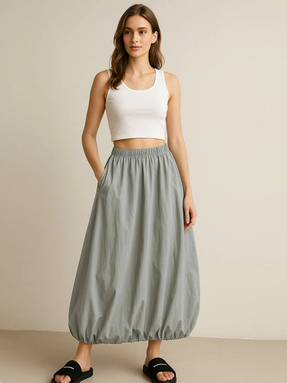Elastic Waist Bubble Hem Maxi Skirt Light Green One Size