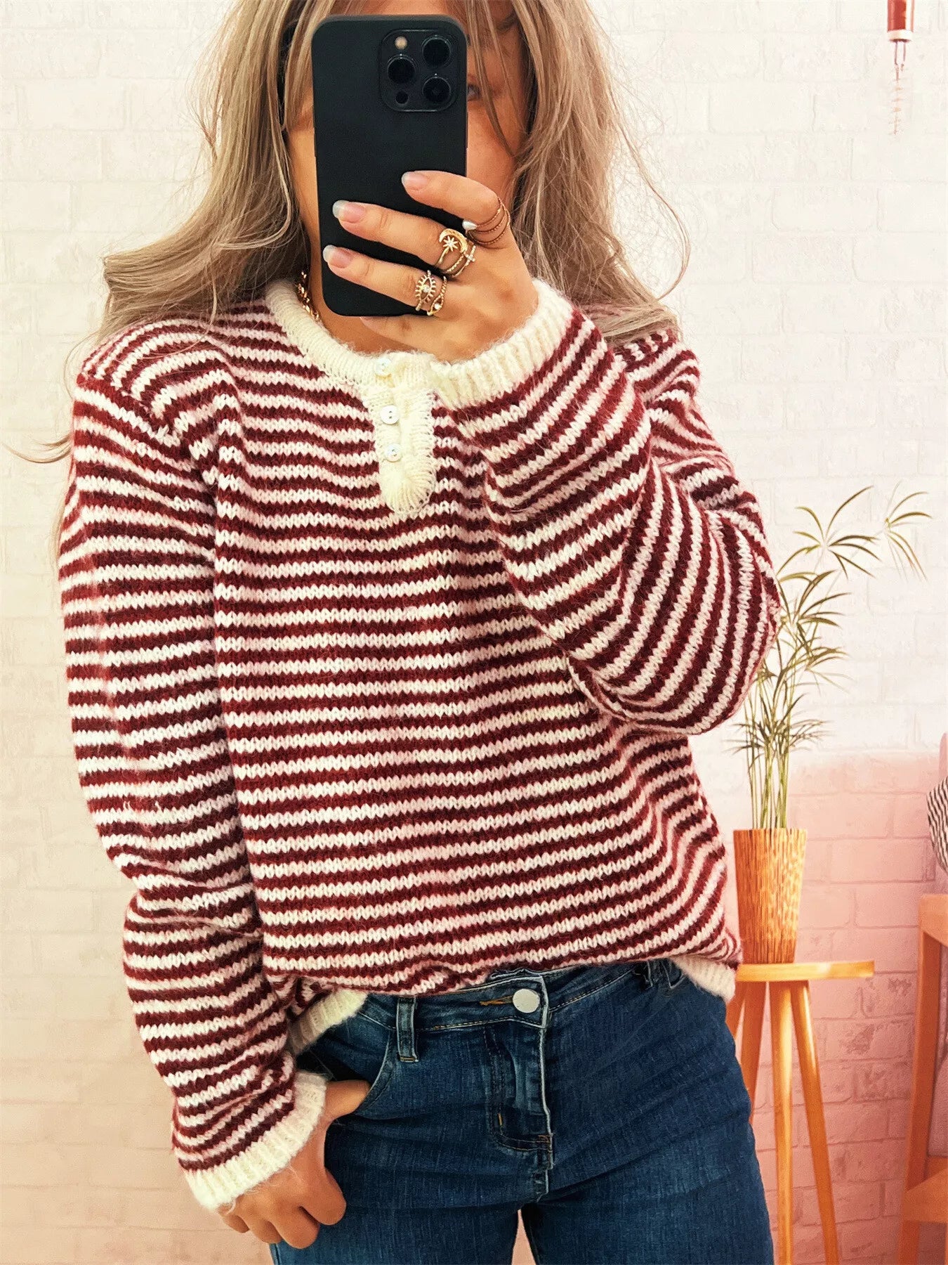 Striped Button Detail Long Sleeve Sweater