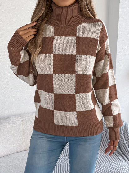 Checkered Turtleneck Long Sleeve Sweater