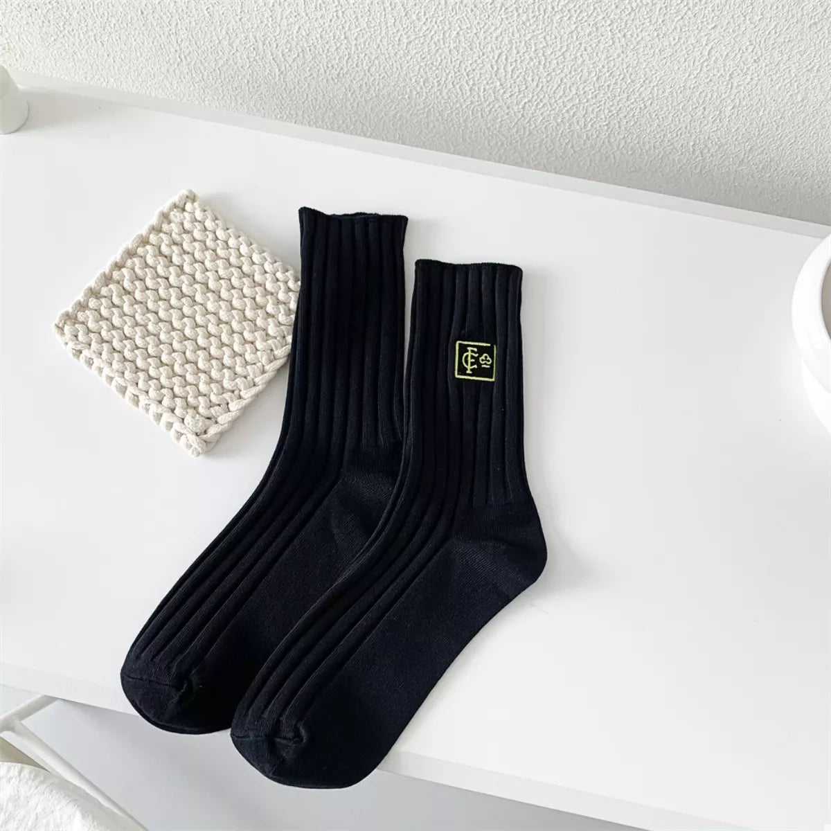 Breathable Ribbed Knit Crew Socks Black One Size