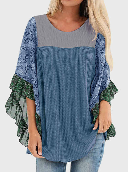 Full Size Printed Round Neck Three-Quarter Sleeve Blouse Dusty Blue