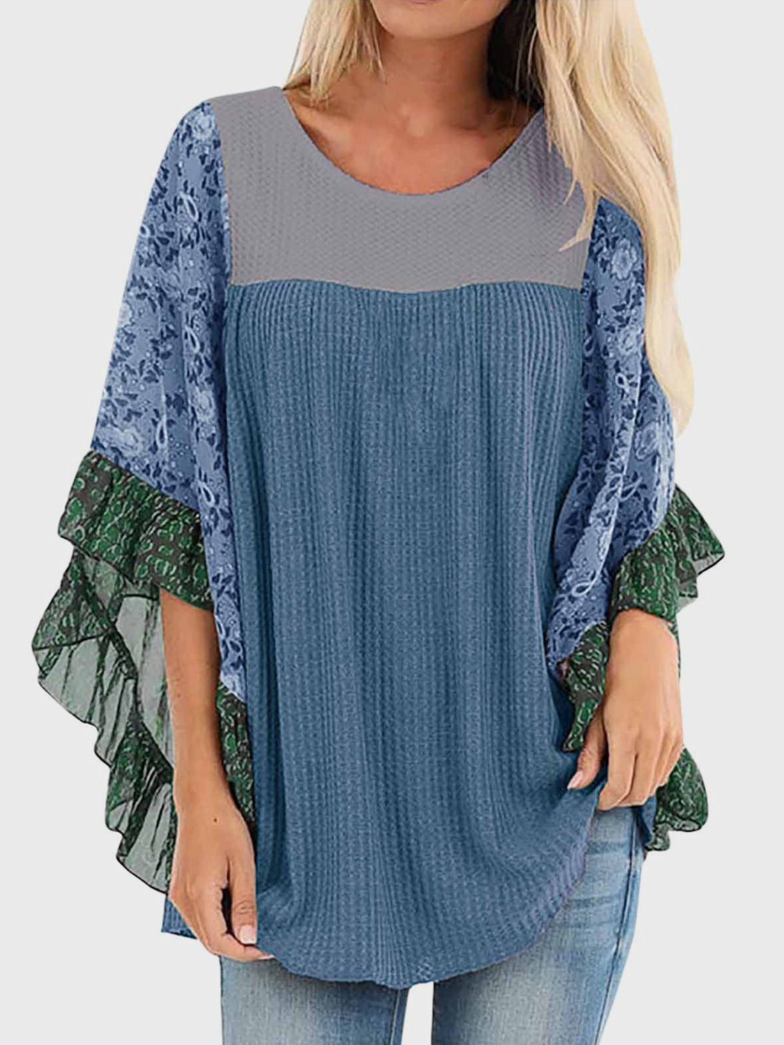 Full Size Printed Round Neck Three-Quarter Sleeve Blouse Dusty Blue