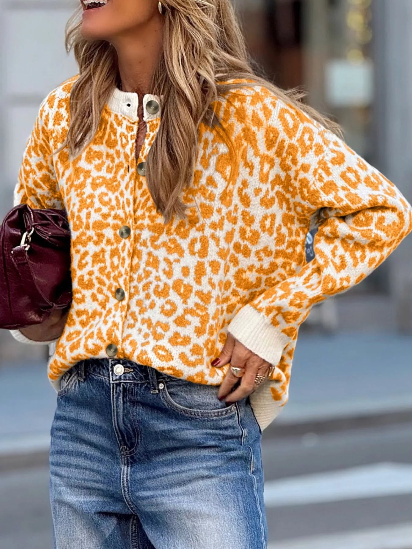 Leopard Drop Shoulder Chunky Knitted Cardigan Sherbet