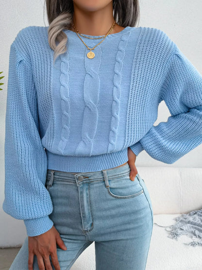 Cable Knit Round Neck Cropped Sweater