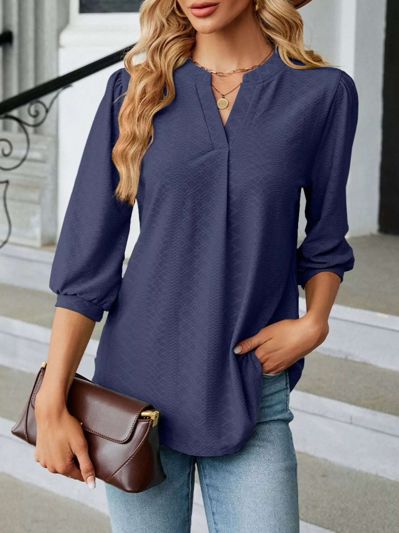 Notched 3/4 Sleeve Casual Top