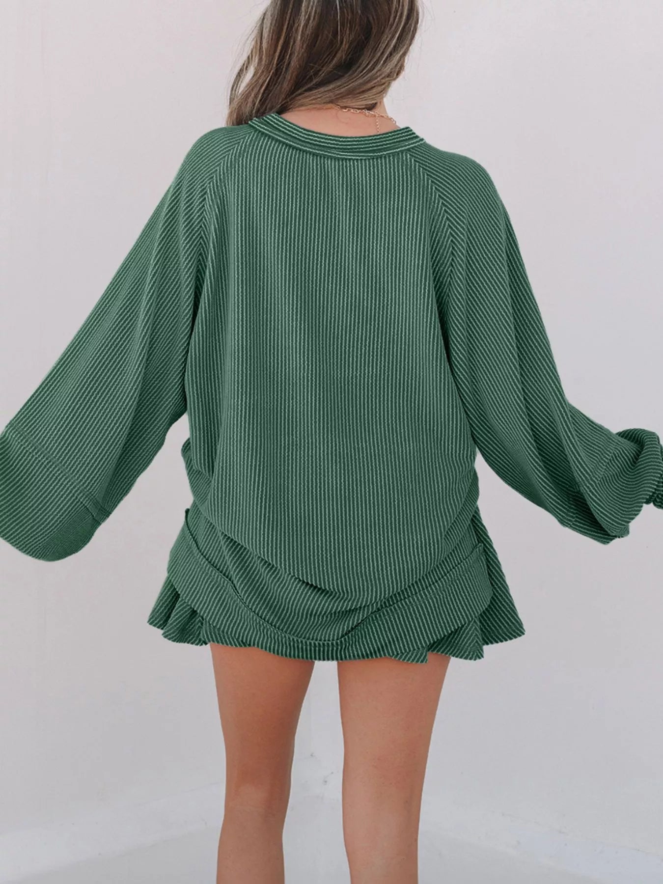 Corded Lantern Sleeve Top and High Waist Mini Skirt Set