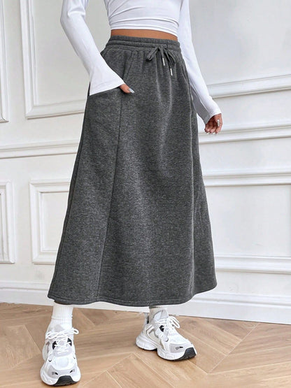 Drawstring Midi Skirt with Pockets Dark Gray
