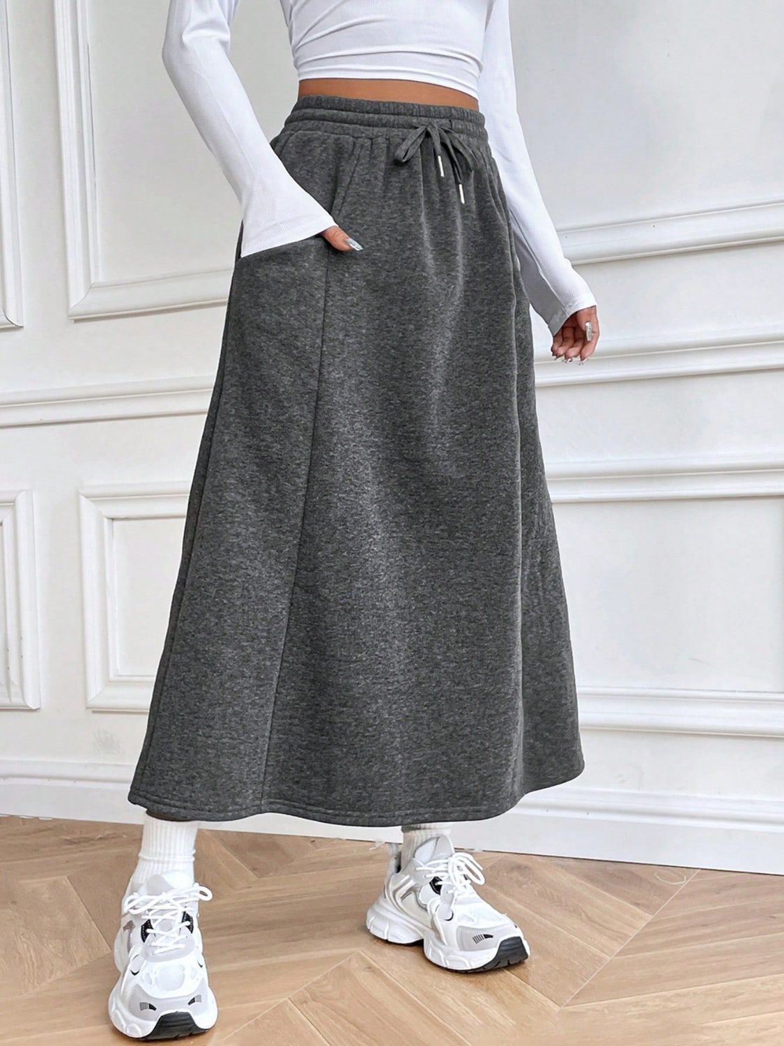 Drawstring Midi Skirt with Pockets Dark Gray