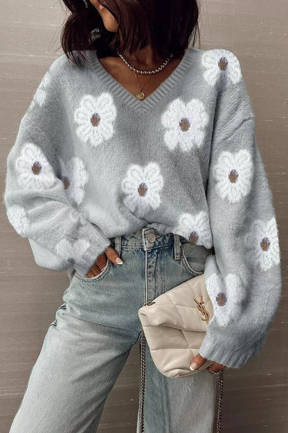 Floral Fuzzy Knit V-Neck Sweater Gray