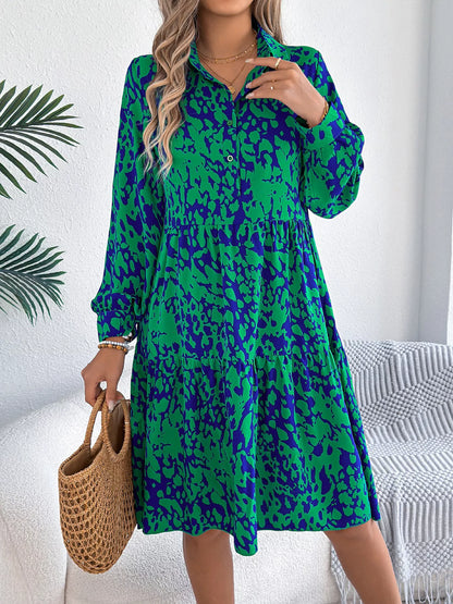 Printed Collared Neck Long Sleeve Dress