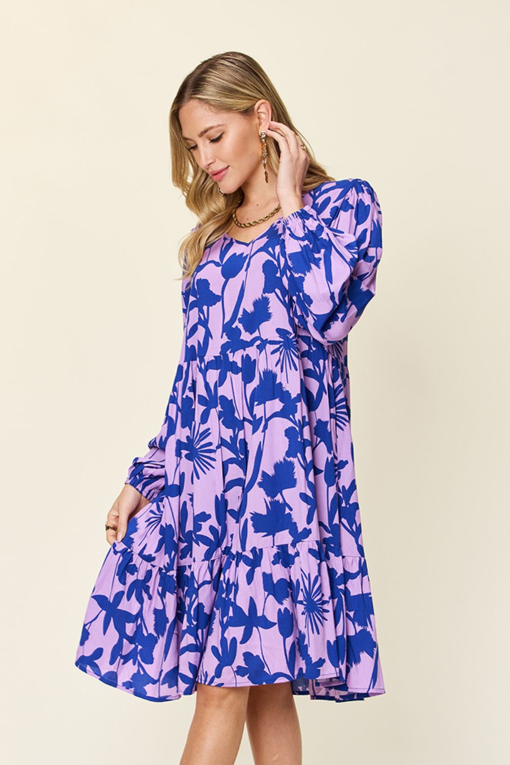 Printed Ruffle Hem Long Sleeve Rayon Dress