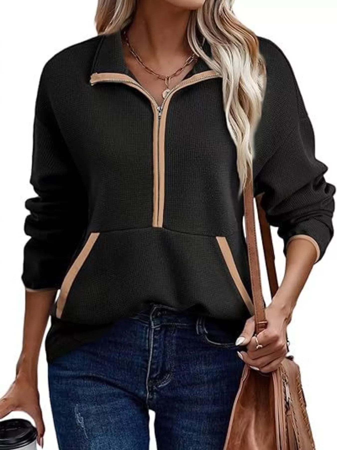 Half Zip Dropped Shoulder Sweatshirt Black