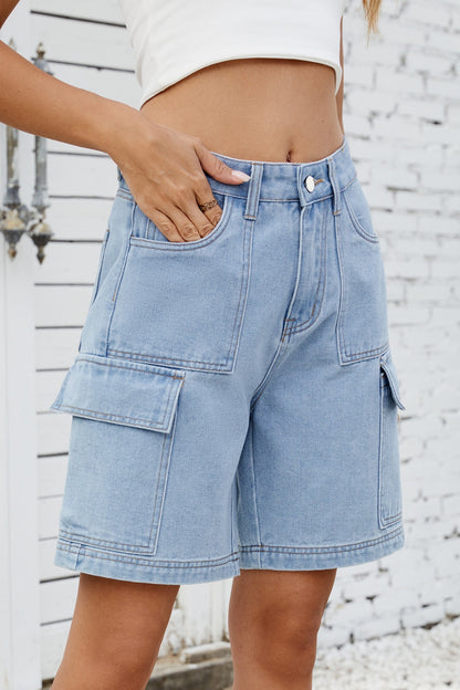High Rise Denim Shorts with Cargo Pockets