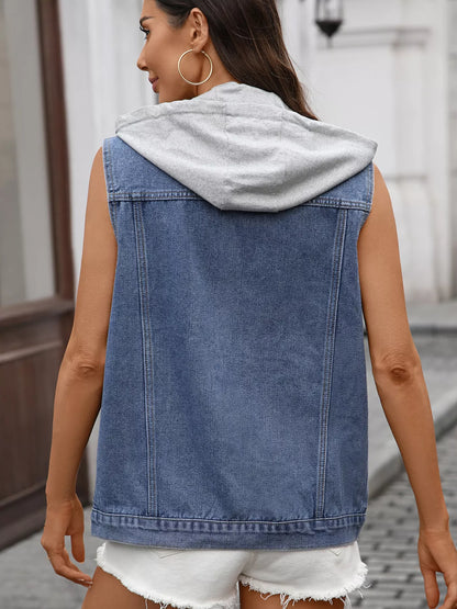 Button Up Removable Hooded Sleeveless Denim Jacket