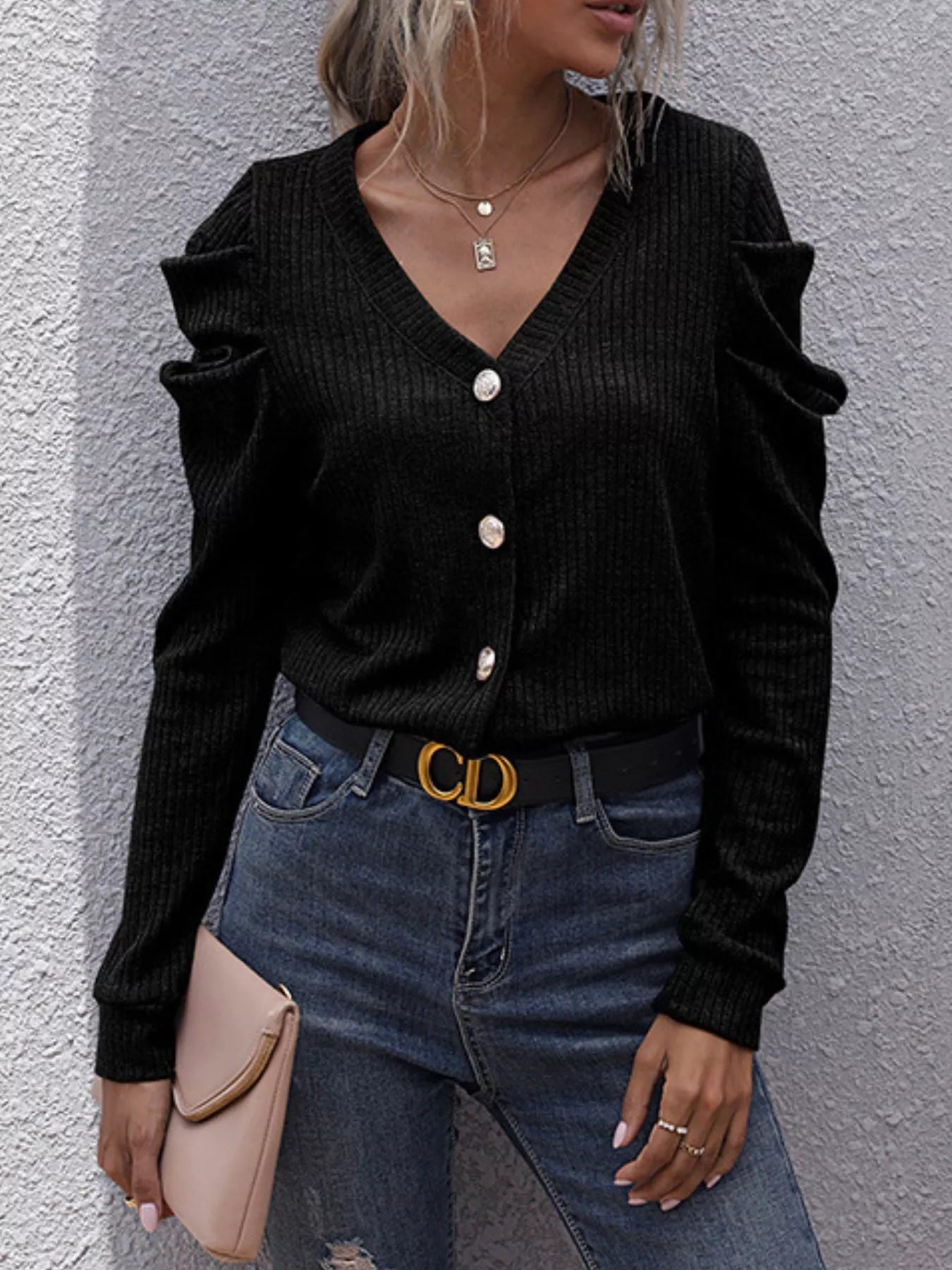 Ribbed V-Neck Button-Up Cardigan Black