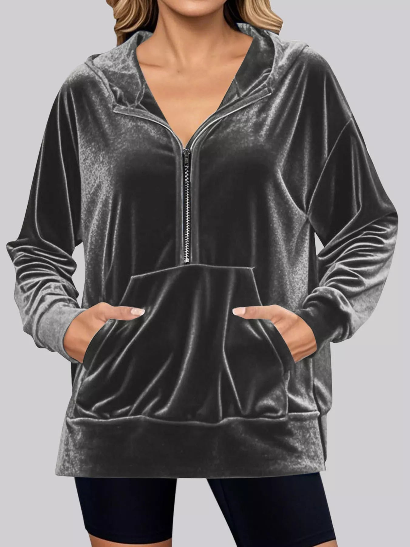 Full Size Half Zip Kangaroo Pocket Hoodie Plus Size Gray