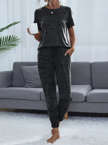 Round Neck Short Sleeve Top and Pants Lounge Set Black