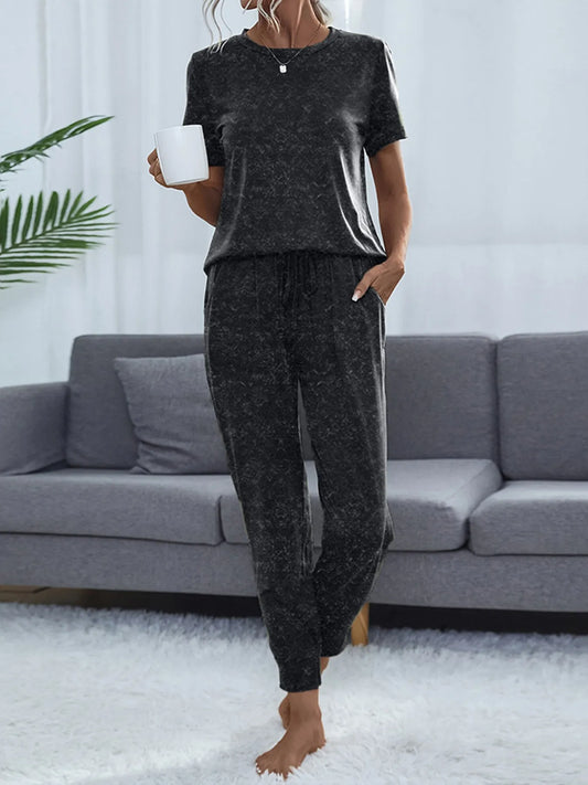 Round Neck Short Sleeve Top and Pants Lounge Set Black