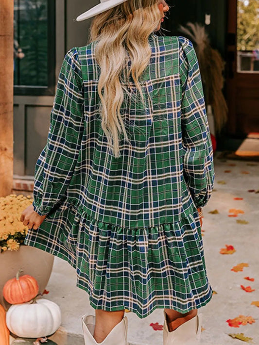 Plaid Frilly Collar Long Sleeve Shift Mini Dress