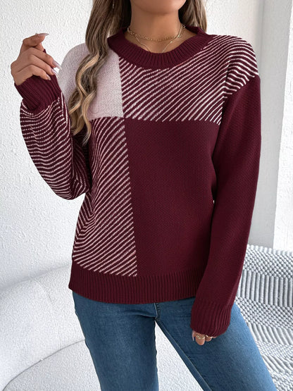 Color Block Striped Round Neck Sweater
