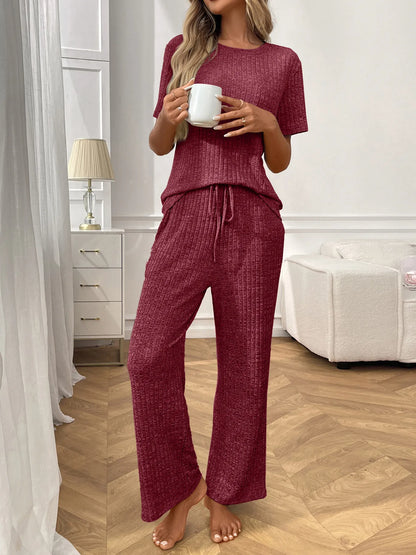 Ribbed Knit Short Sleeve Top and Pants Lounge Set Wine Red