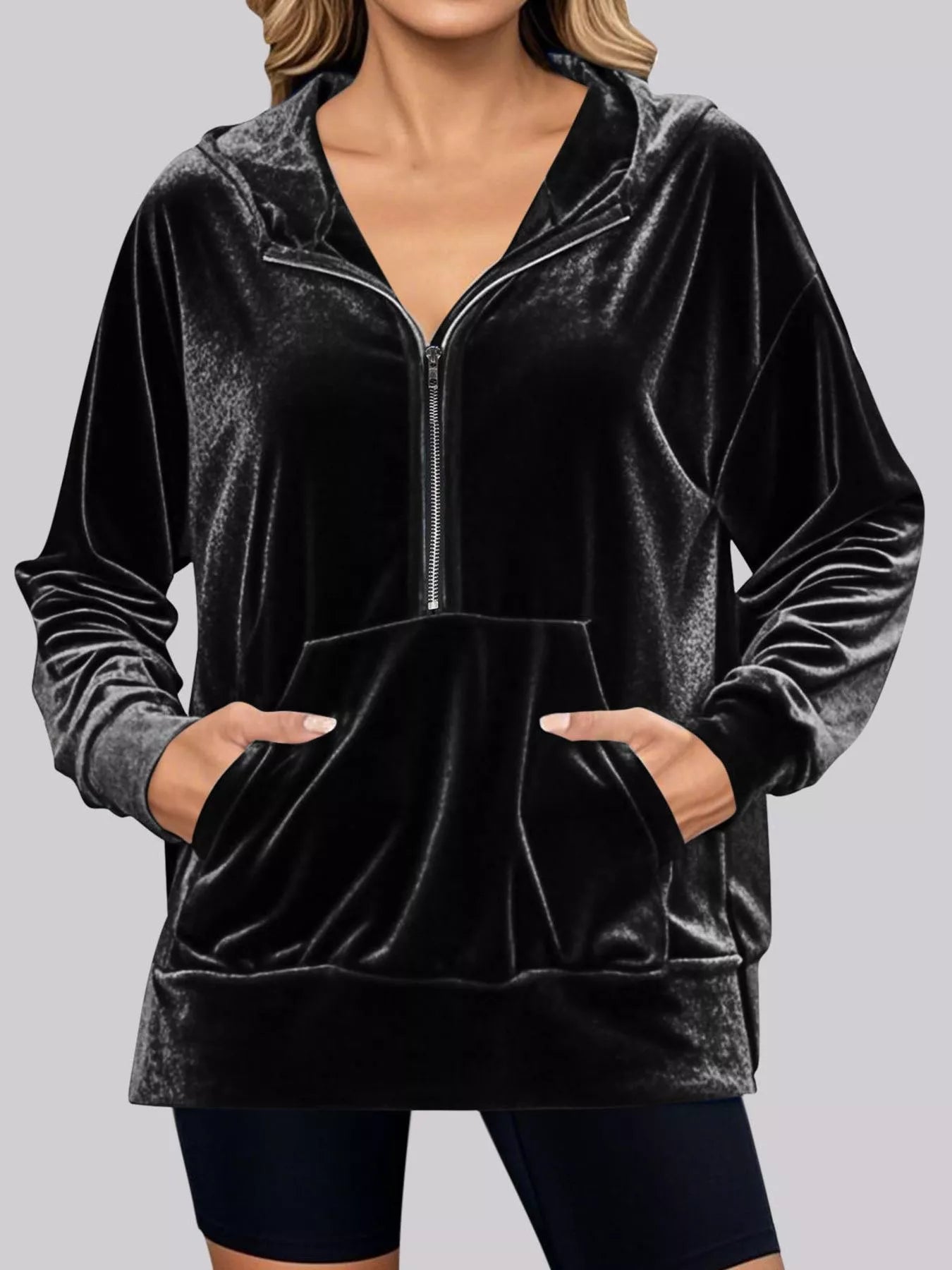 Full Size Half Zip Kangaroo Pocket Hoodie Plus Size Black