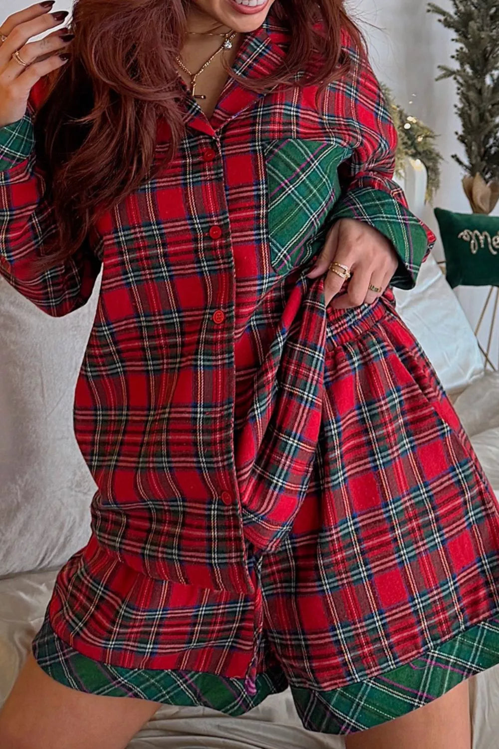 Plaid Contrast Patched Christmas Holiday Long Sleeve Shirt and Short 2pcs Pajama Set