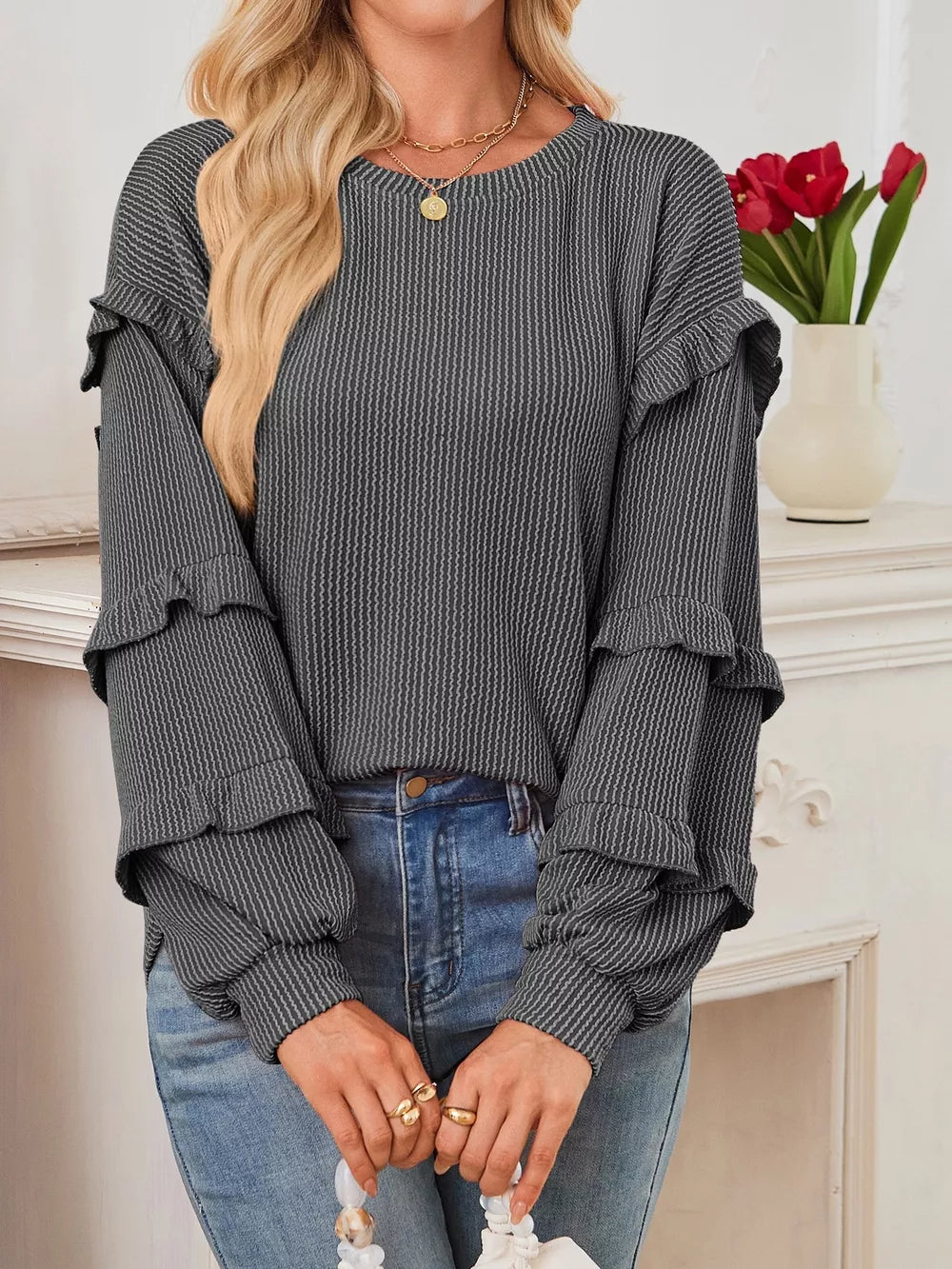 Round Neck Ruffled Long Sleeve Sweatshirt