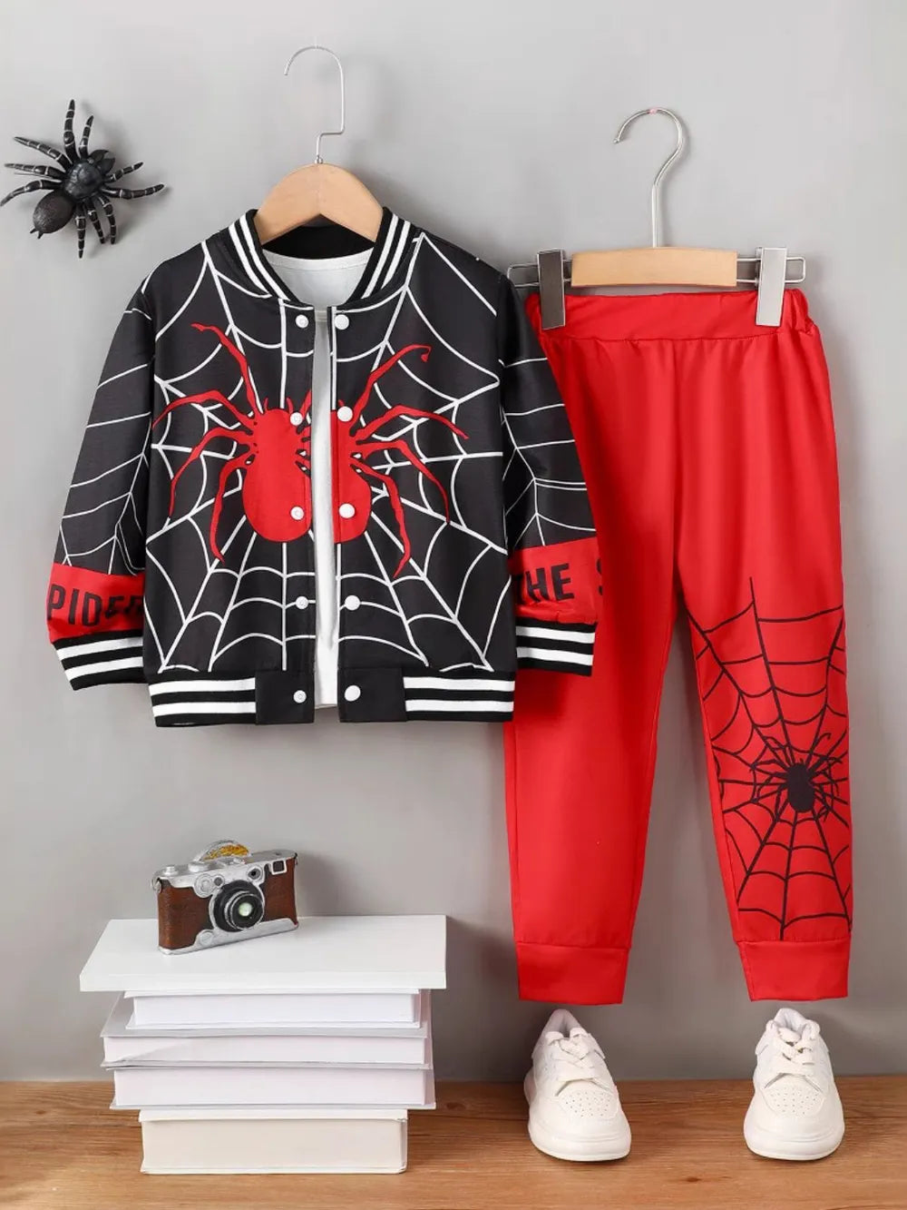Spider Baseball Collar Top and Pants Set Black Red