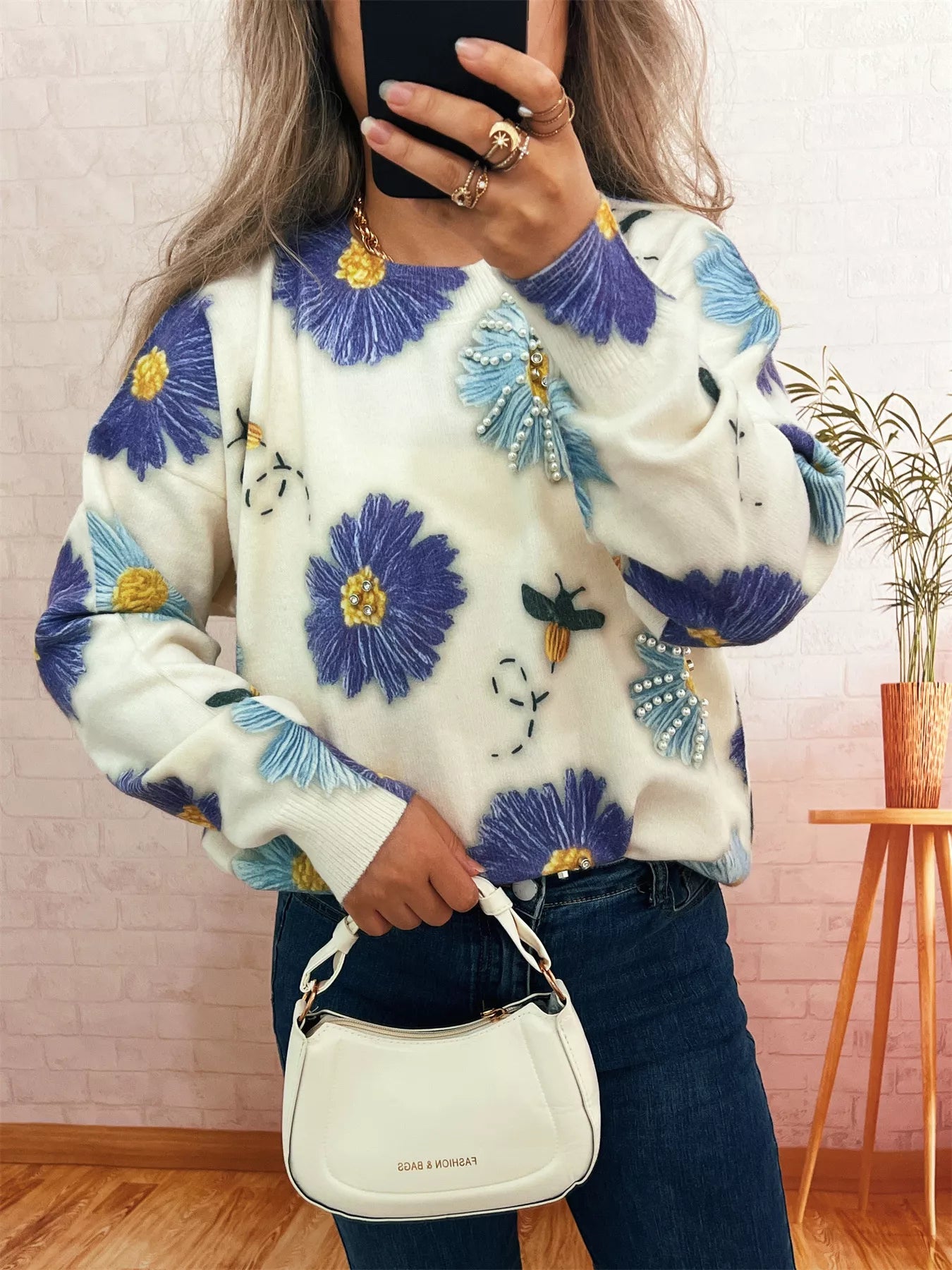 Pearl Detail Flower Round Neck Sweater
