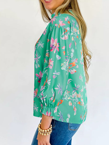 Floral Lantern Sleeve Button Front Shirt