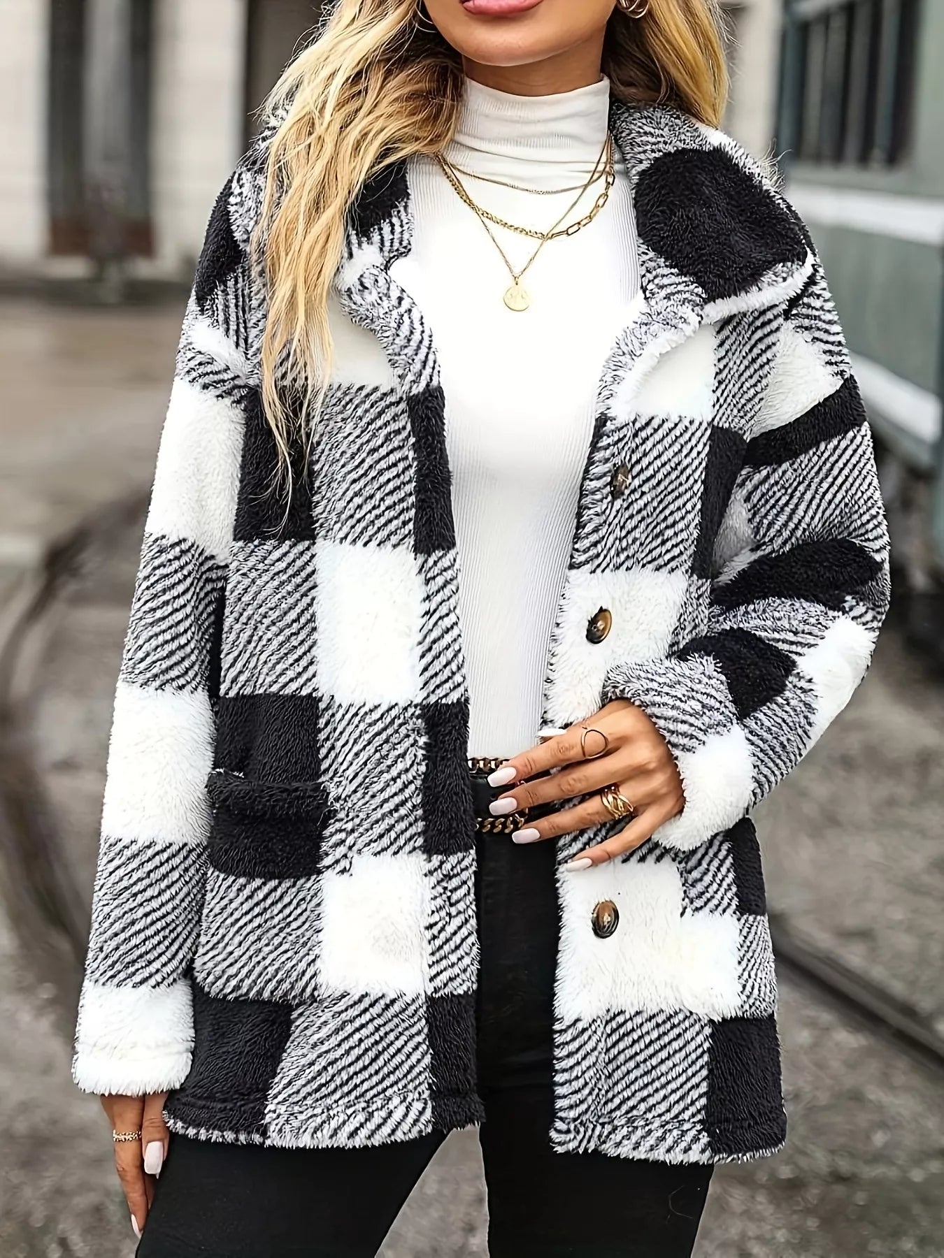 Plaid Sherpa Button-Down Outerwear White