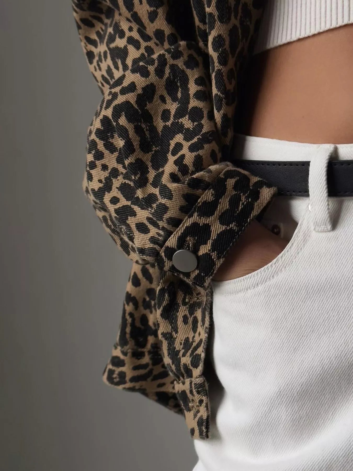 Leopard Button Up Long Sleeve Denim Jacket