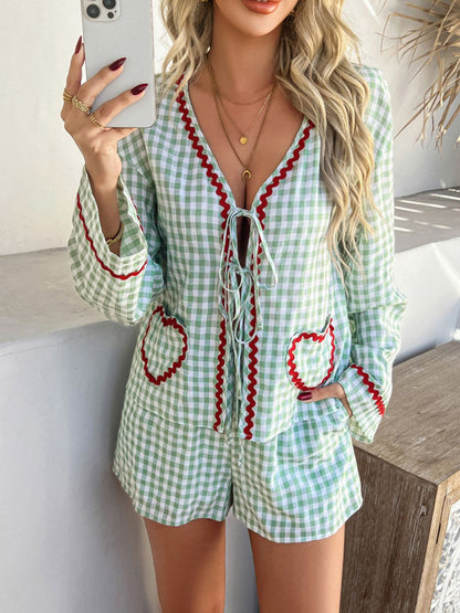 Devine Tie Front Contrast Plaid Shirt and Shorts Set