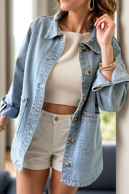 Pocketed Button Up Long Sleeve Denim Jacket Light