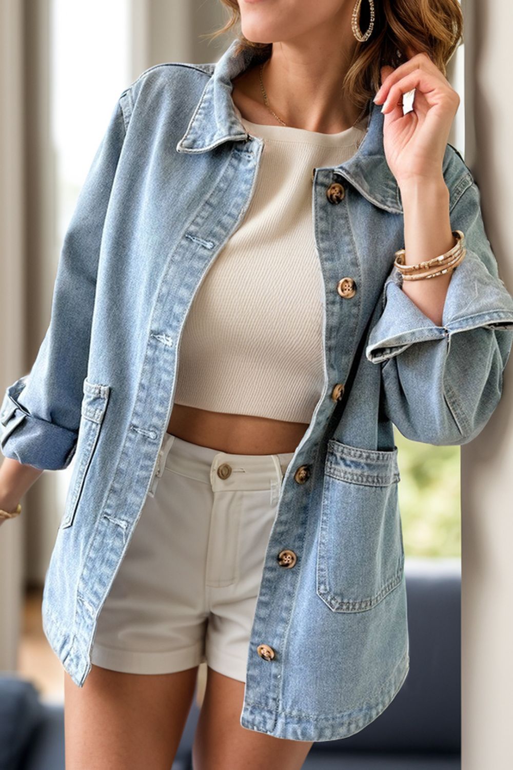 Pocketed Button Up Long Sleeve Denim Jacket Light