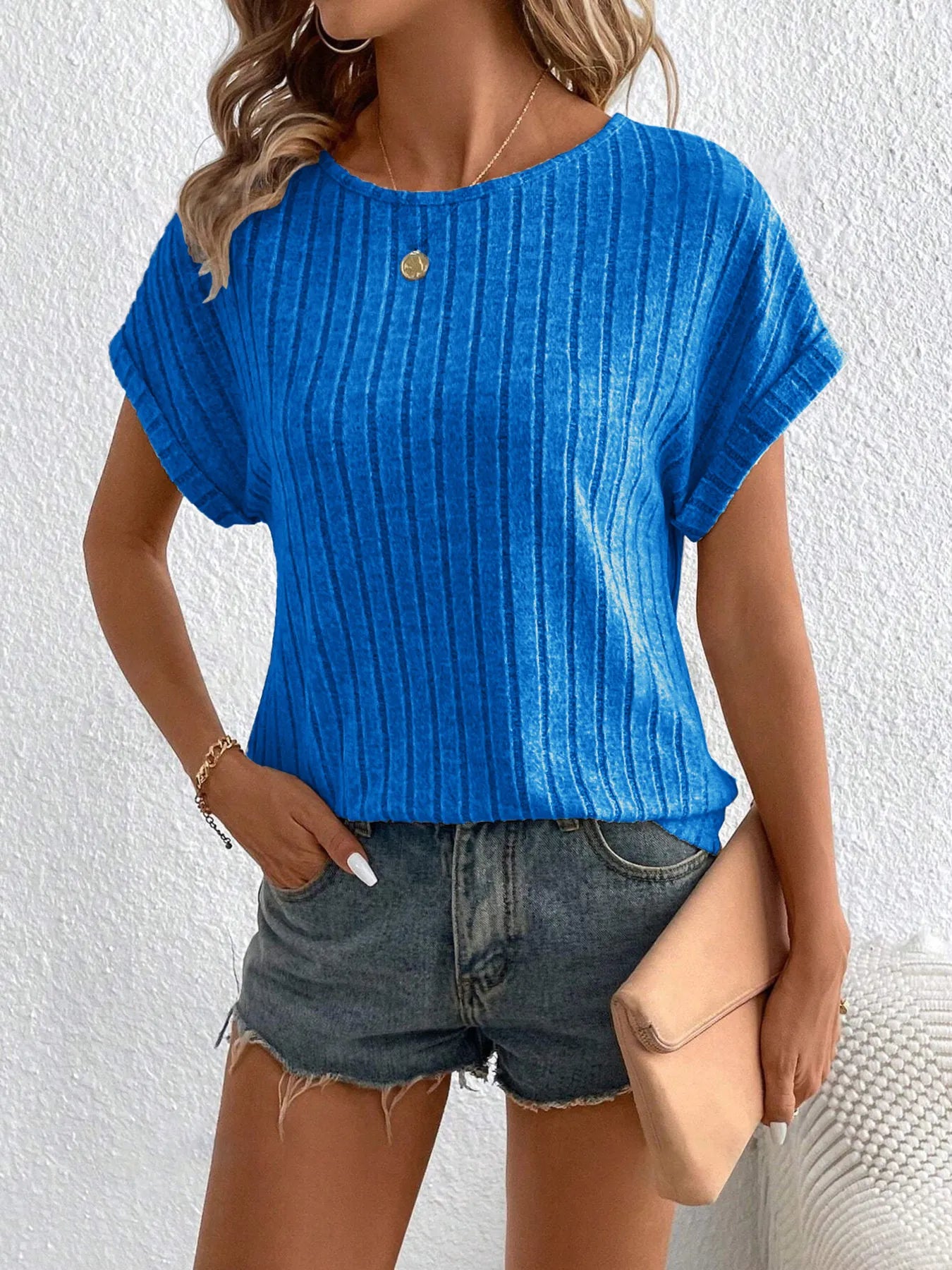 Plus Size Ribbed Texture Short Sleeve T-Shirt