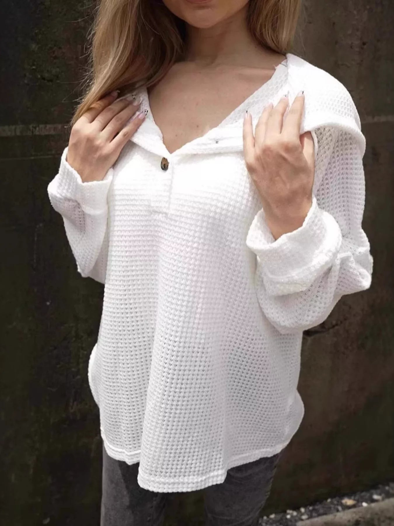 Waffle Knit Hoodie with Button Detail