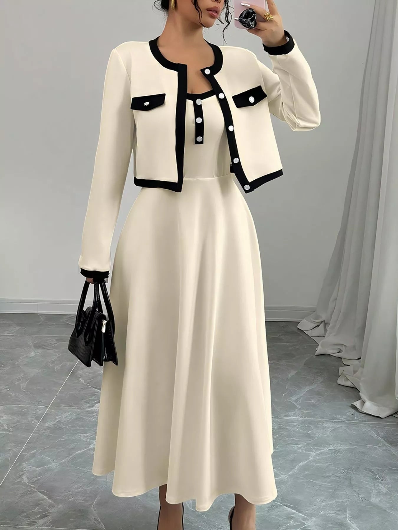 Contrast Trim Maxi Dress and Cropped Cardigan Set
