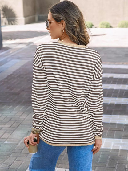 Striped Long Sleeve Sweater with Contrast Ribbed Trim