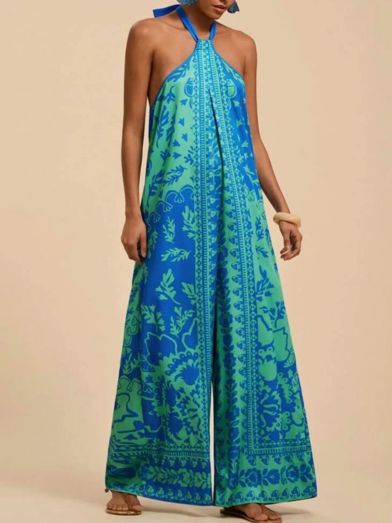 Printed Halter Wide-Leg Jumpsuit Sky Blue
