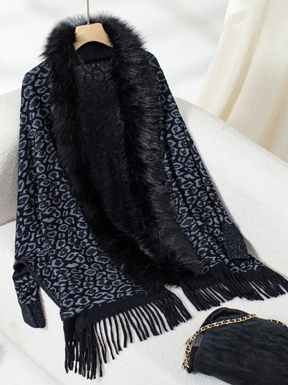 Fringe Leopard Open Front Long Sleeve Poncho Black One Size