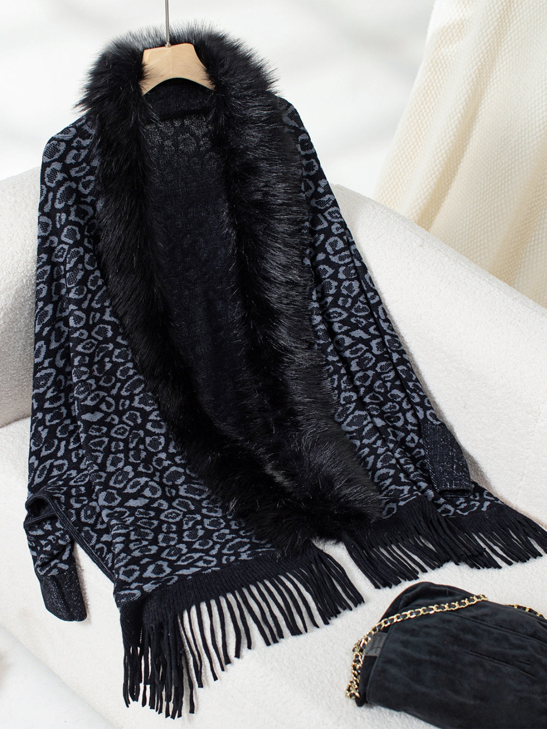 Fringe Leopard Open Front Long Sleeve Poncho Black One Size