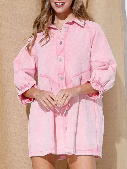 Ruffled Cuff Button-Down Denim Dress